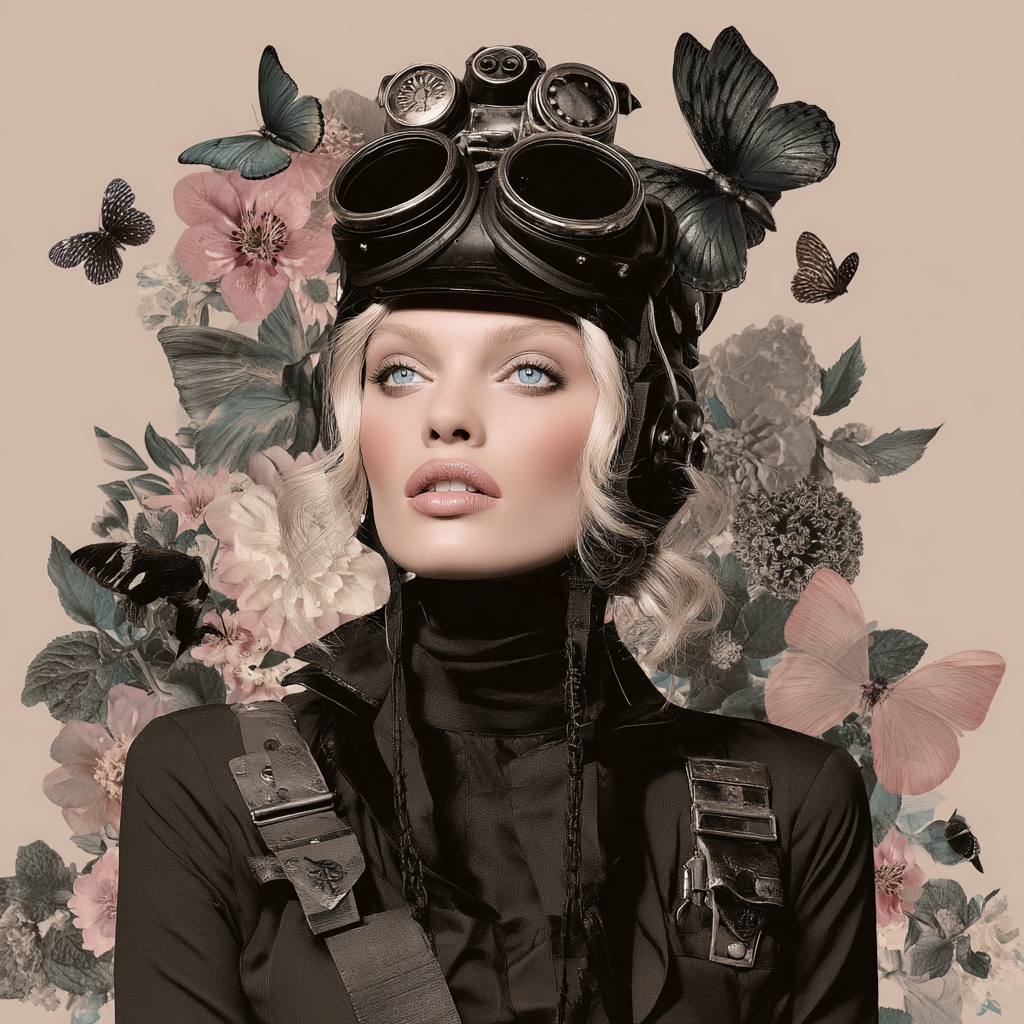 Stylisches Portrait Mit Goggles Und Blumen Und Schmetterlingen | Digital Art | Kunstgattungen