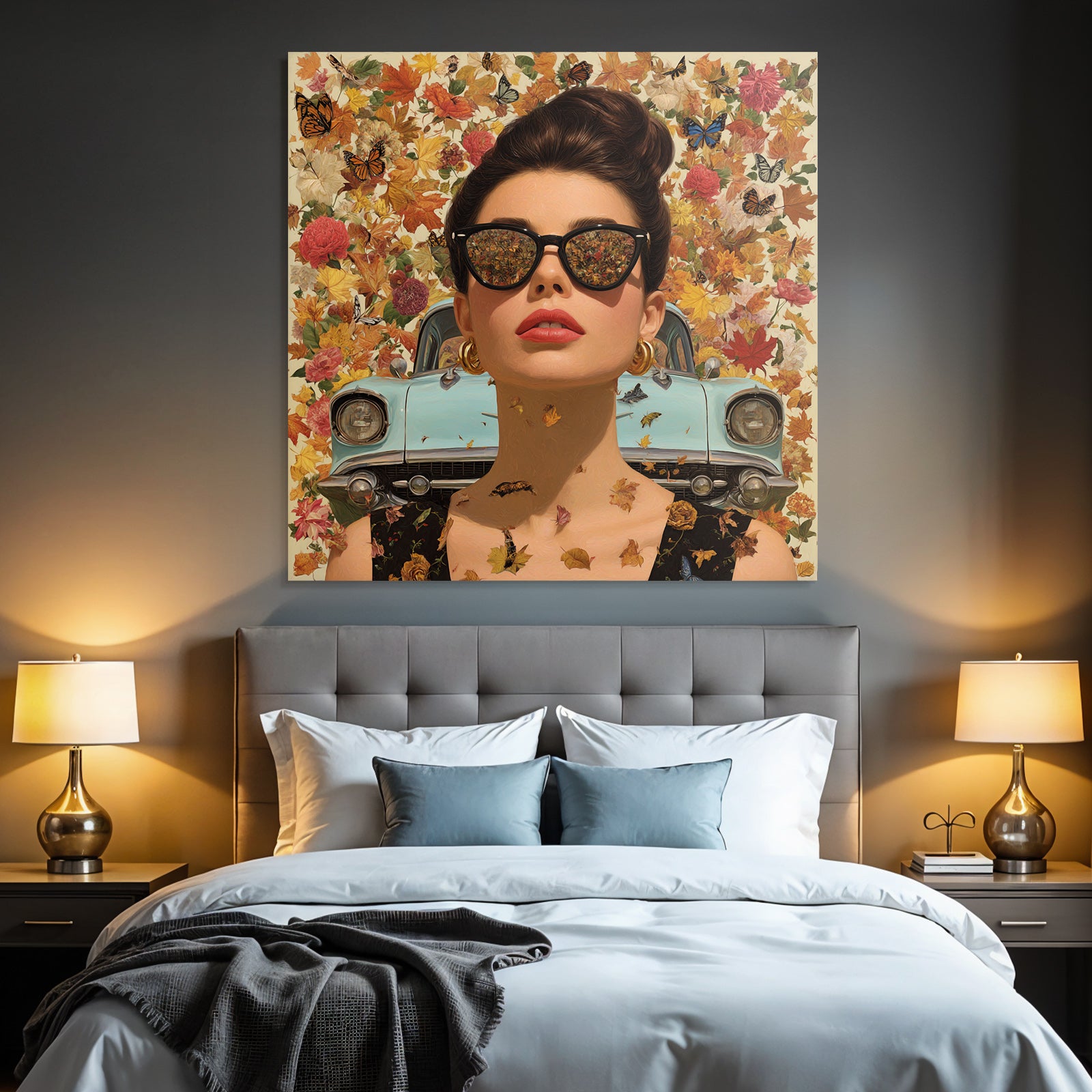 Stylisierte Digitale Kunst Frau Mit Sonnenbrille Im Herbst Hintergrund