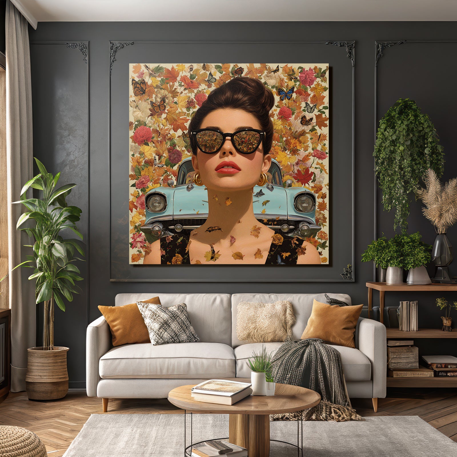 Stylisierte Digitale Kunst Frau Mit Sonnenbrille Im Herbst Hintergrund