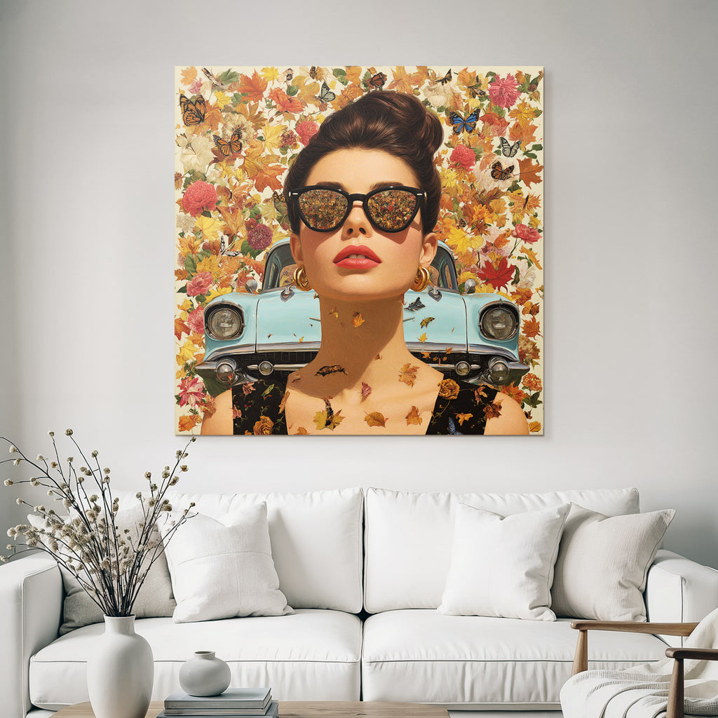 Stylisierte Digitale Kunst Frau Mit Sonnenbrille Im Herbst Hintergrund