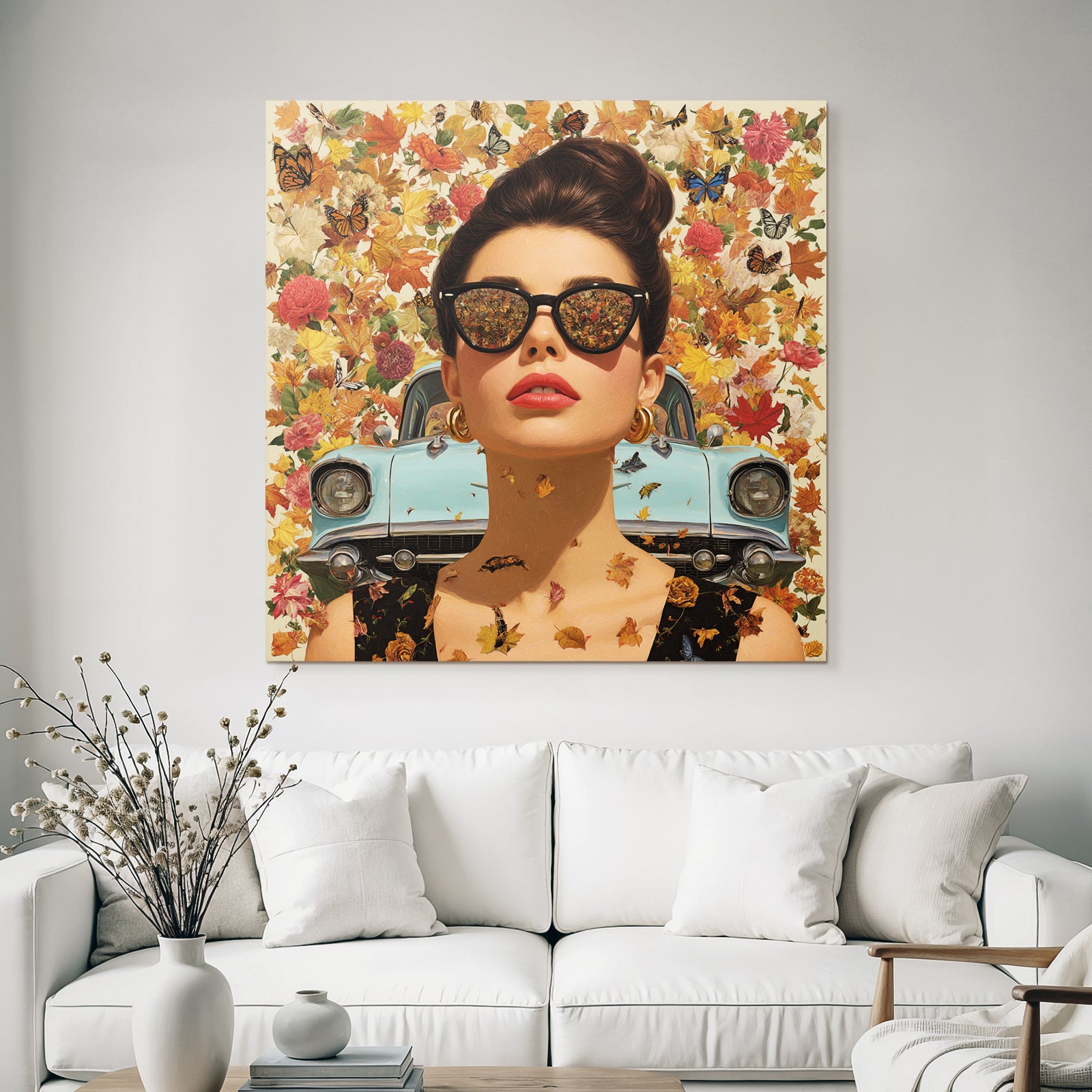 Stylisierte Digitale Kunst Frau Mit Sonnenbrille Im Herbst Hintergrund