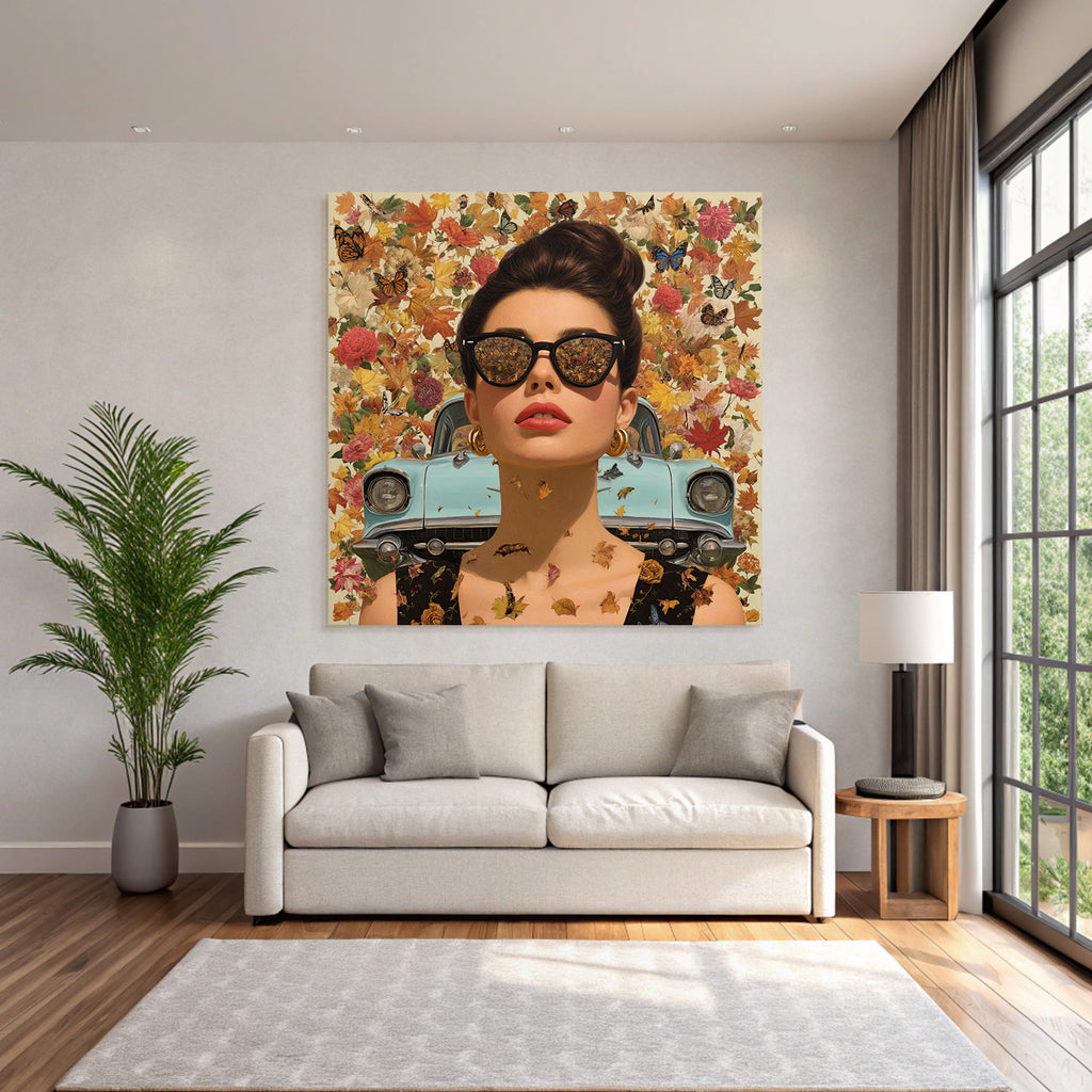 Stylisierte Digitale Kunst Frau Mit Sonnenbrille Im Herbst Hintergrund