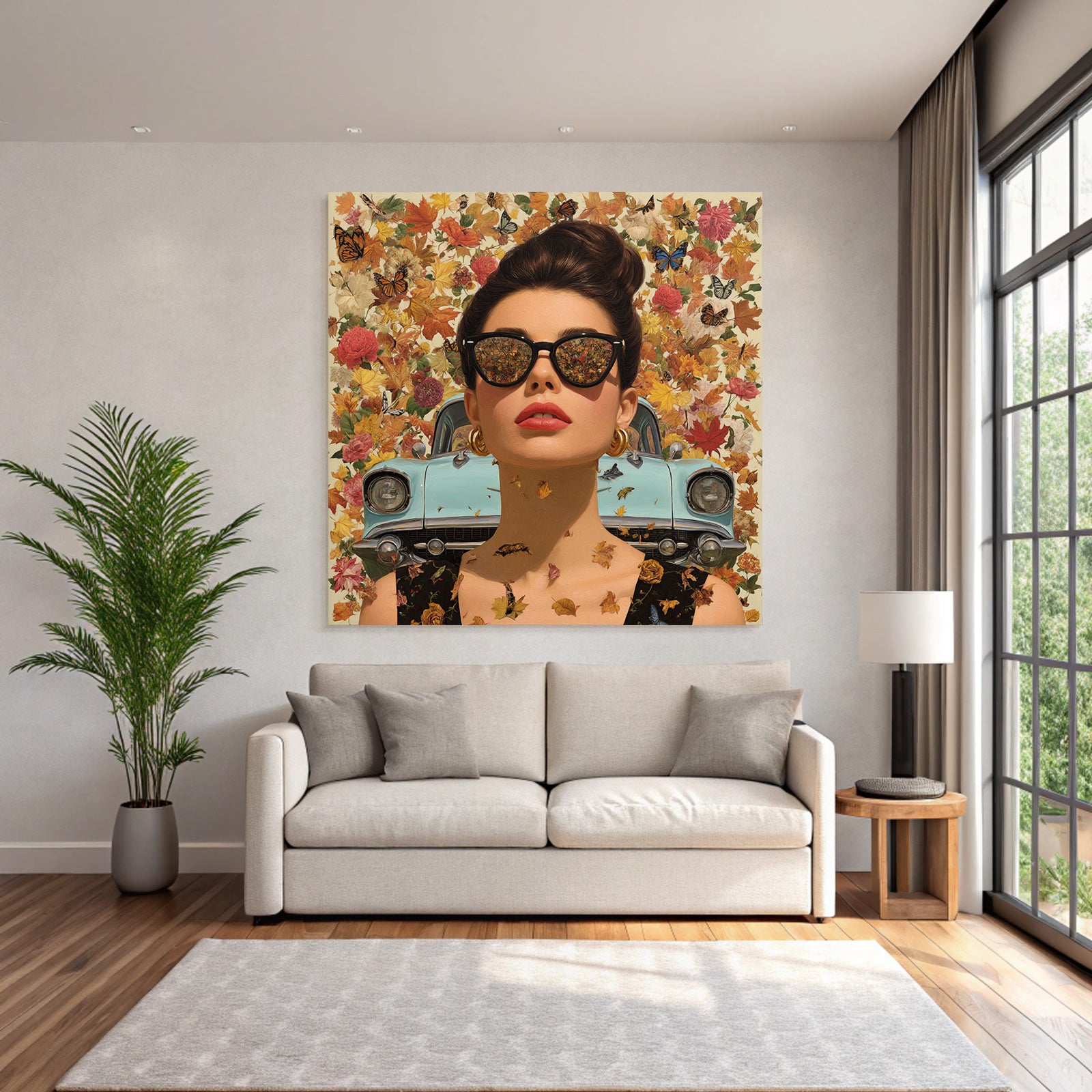 Stylisierte Digitale Kunst Frau Mit Sonnenbrille Im Herbst Hintergrund