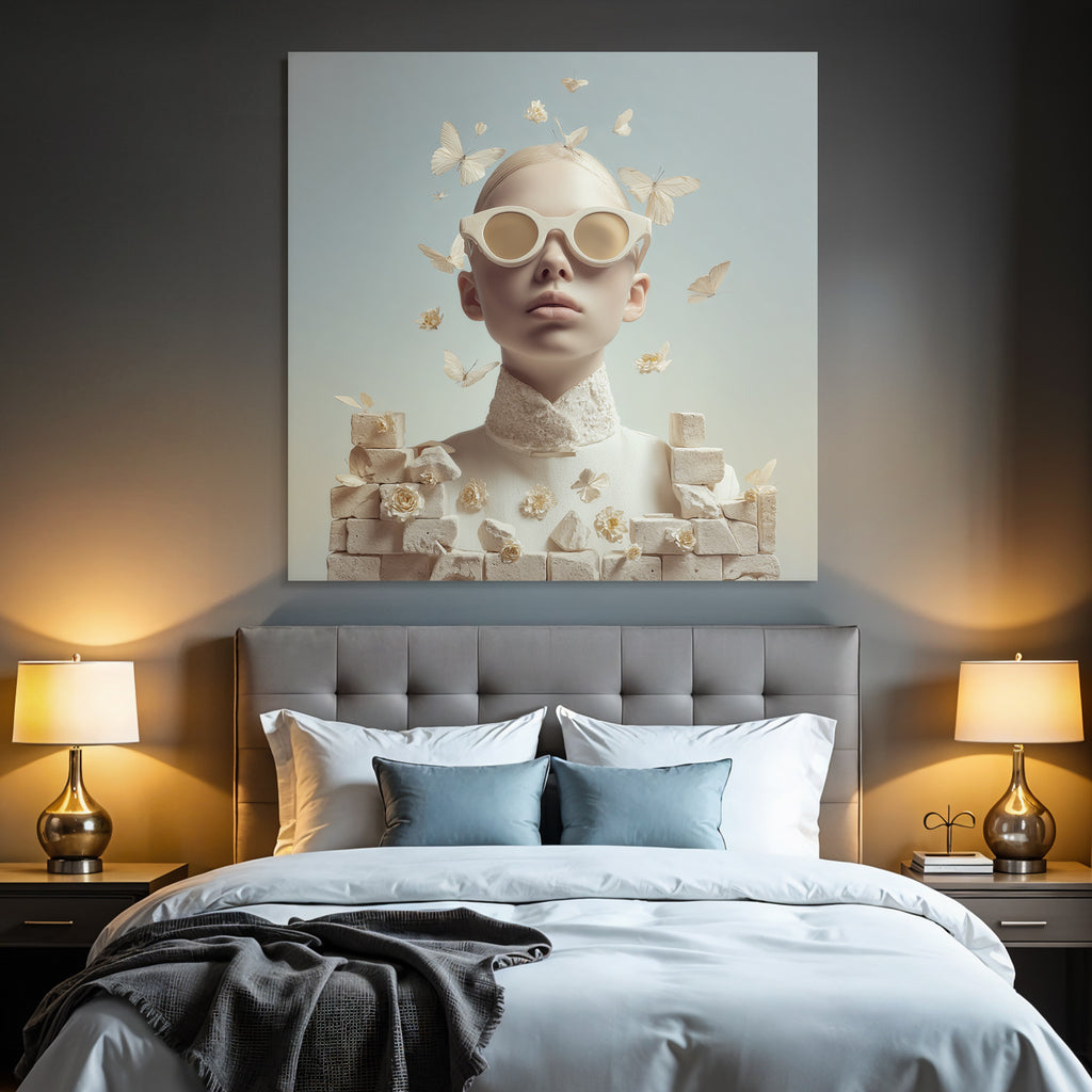 Stylisierte Kunstvolle Portrait Mit Sonnenbrille Schmetterlingen Und Blumen