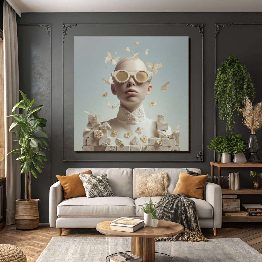 Stylisierte Kunstvolle Portrait Mit Sonnenbrille Schmetterlingen Und Blumen