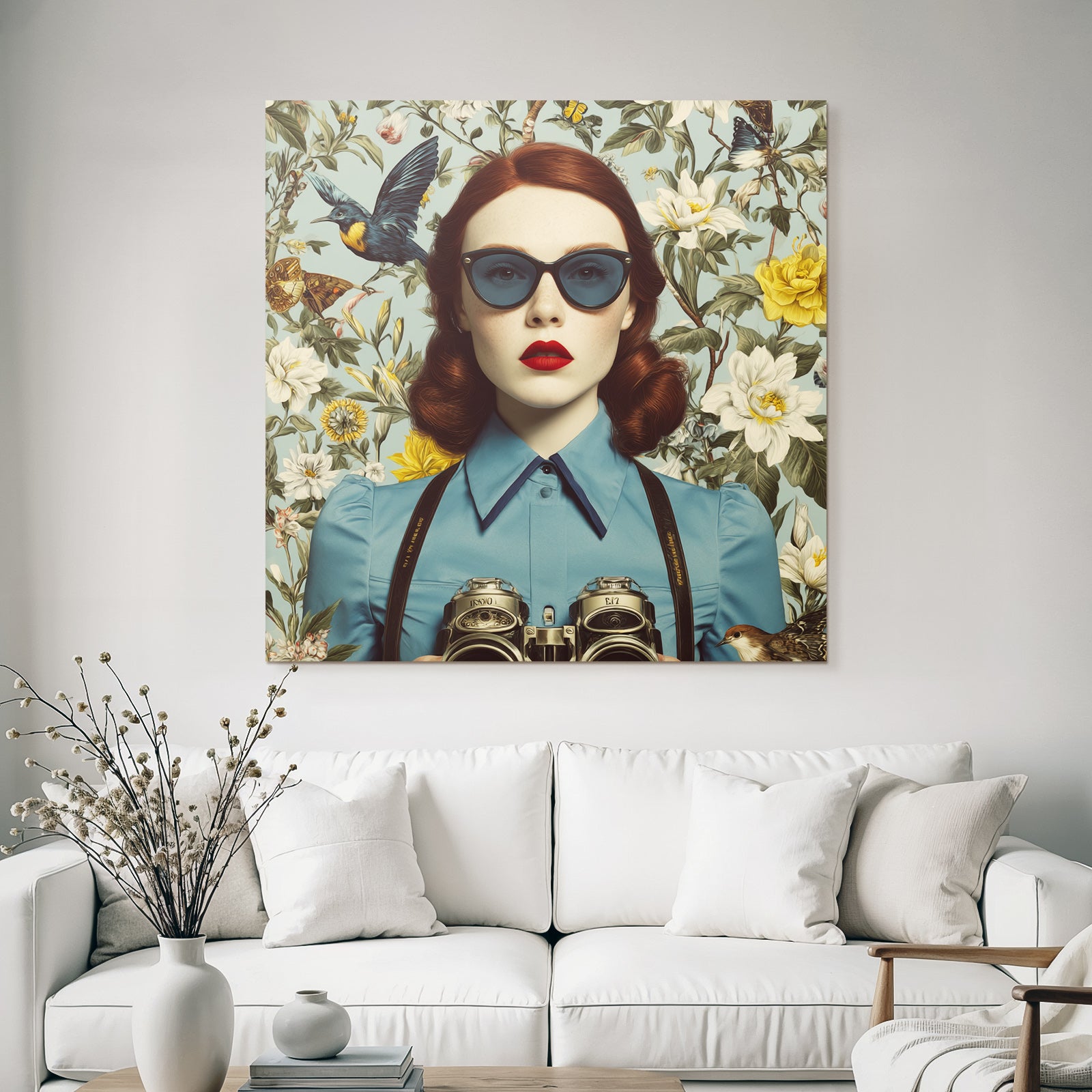 Stylisierte Portait Frau Rotes Haar Vintage Sonnenbrille Bluse Blumen Hintergrund