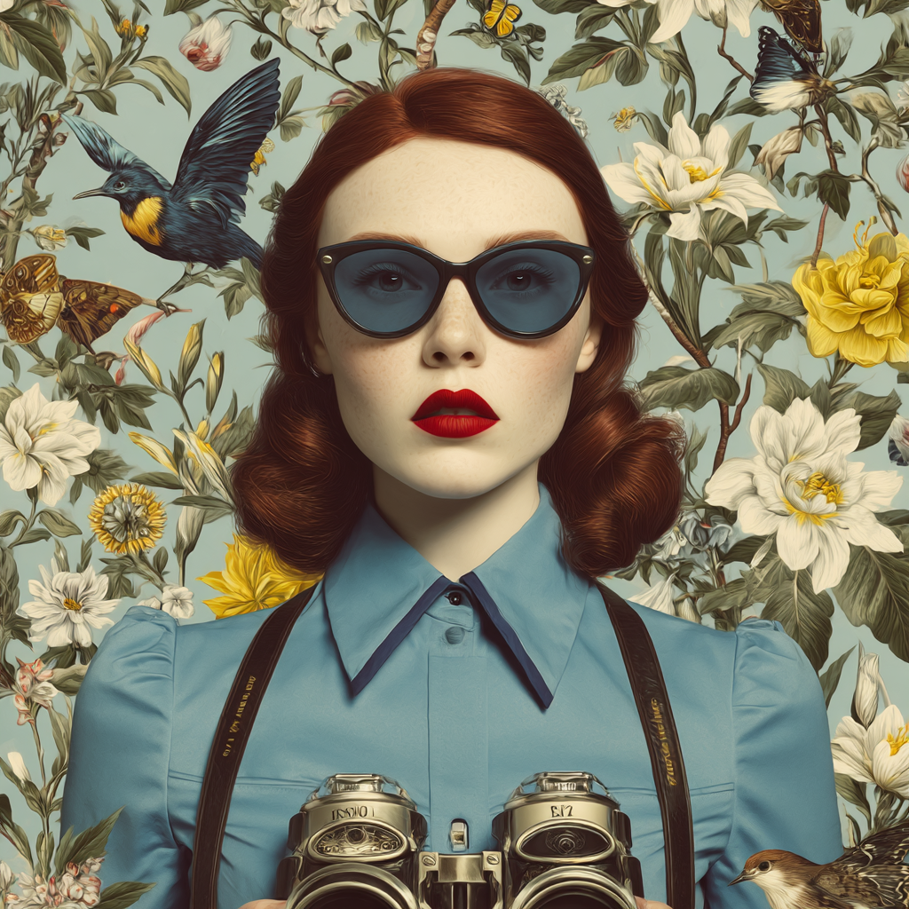 Stylisierte Portait Frau Rotes Haar Vintage Sonnenbrille Bluse Blumen Hintergrund | Digital Art | Kunstgattungen