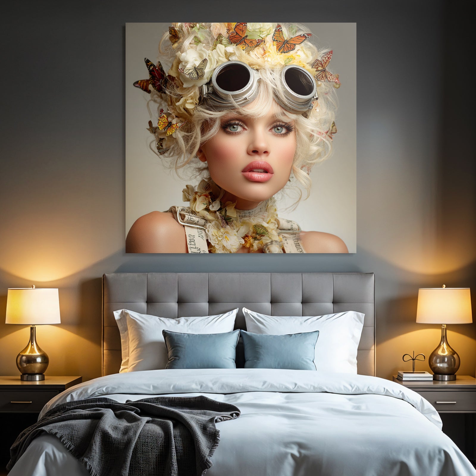 Stylisierte Portraet Einer Frau Mit Blumenkrone Und Metallic Goggles