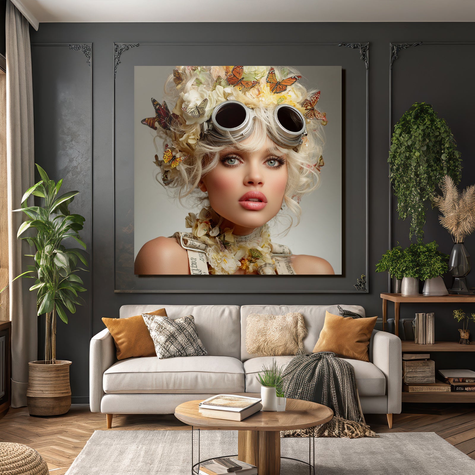 Stylisierte Portraet Einer Frau Mit Blumenkrone Und Metallic Goggles