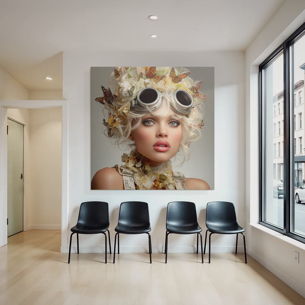 Stylisierte Portraet Einer Frau Mit Blumenkrone Und Metallic Goggles