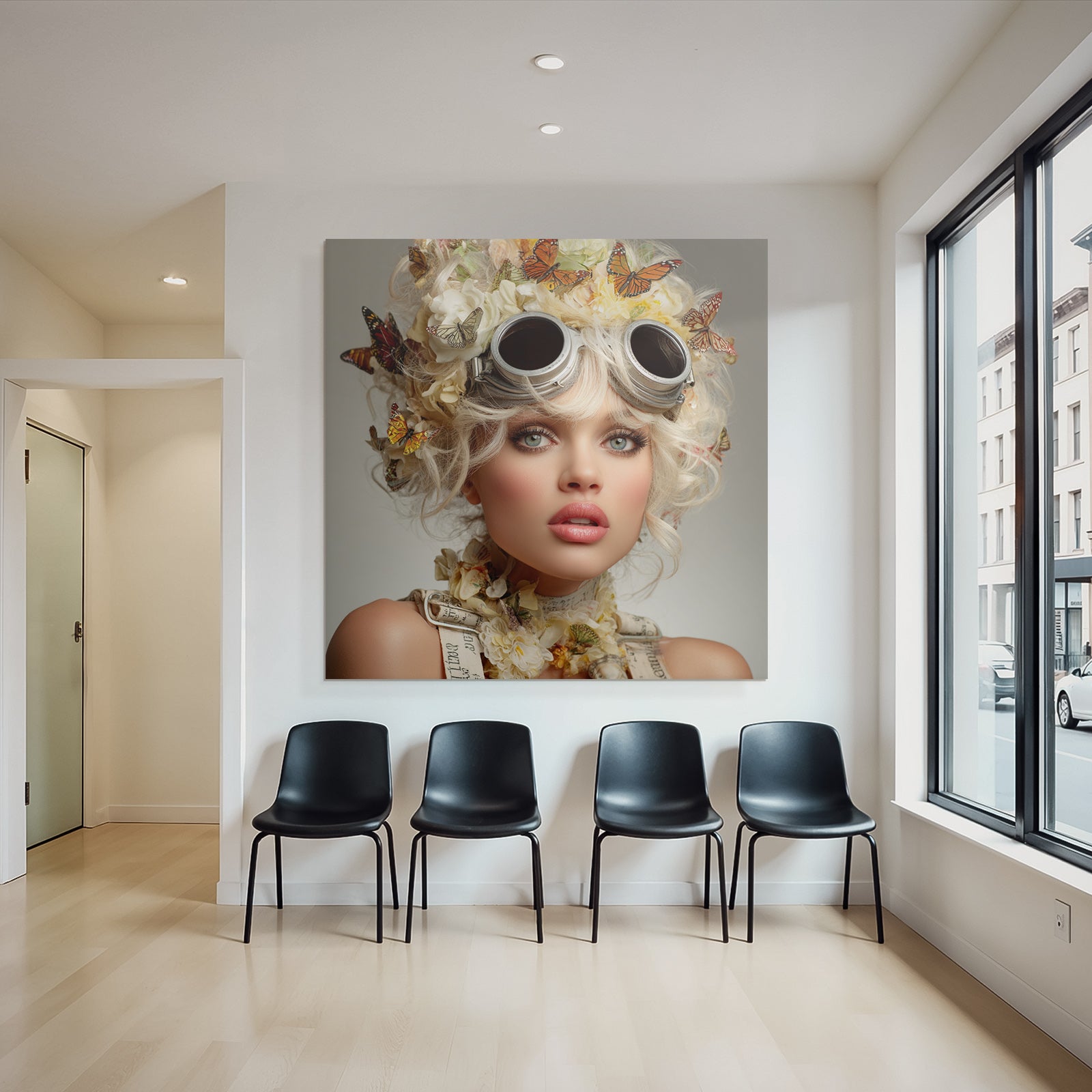 Stylisierte Portraet Einer Frau Mit Blumenkrone Und Metallic Goggles