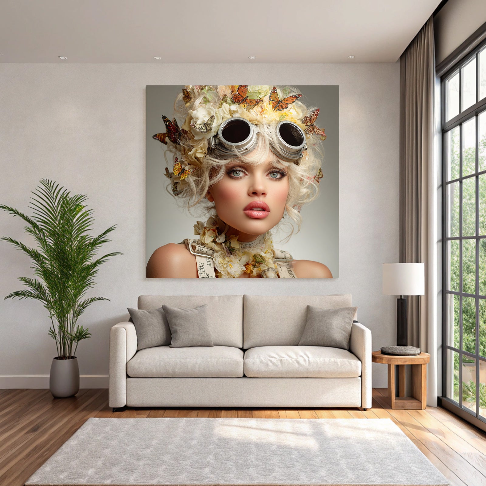 Stylisierte Portraet Einer Frau Mit Blumenkrone Und Metallic Goggles