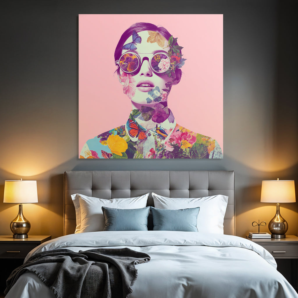 Stylisierte Portrait Mit Blumen Und Schmetterlingen Rosa Hintergrund