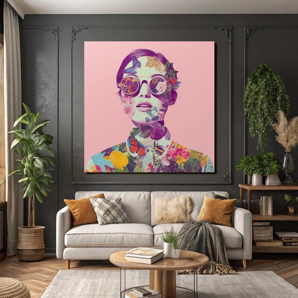 Stylisierte Portrait Mit Blumen Und Schmetterlingen Rosa Hintergrund