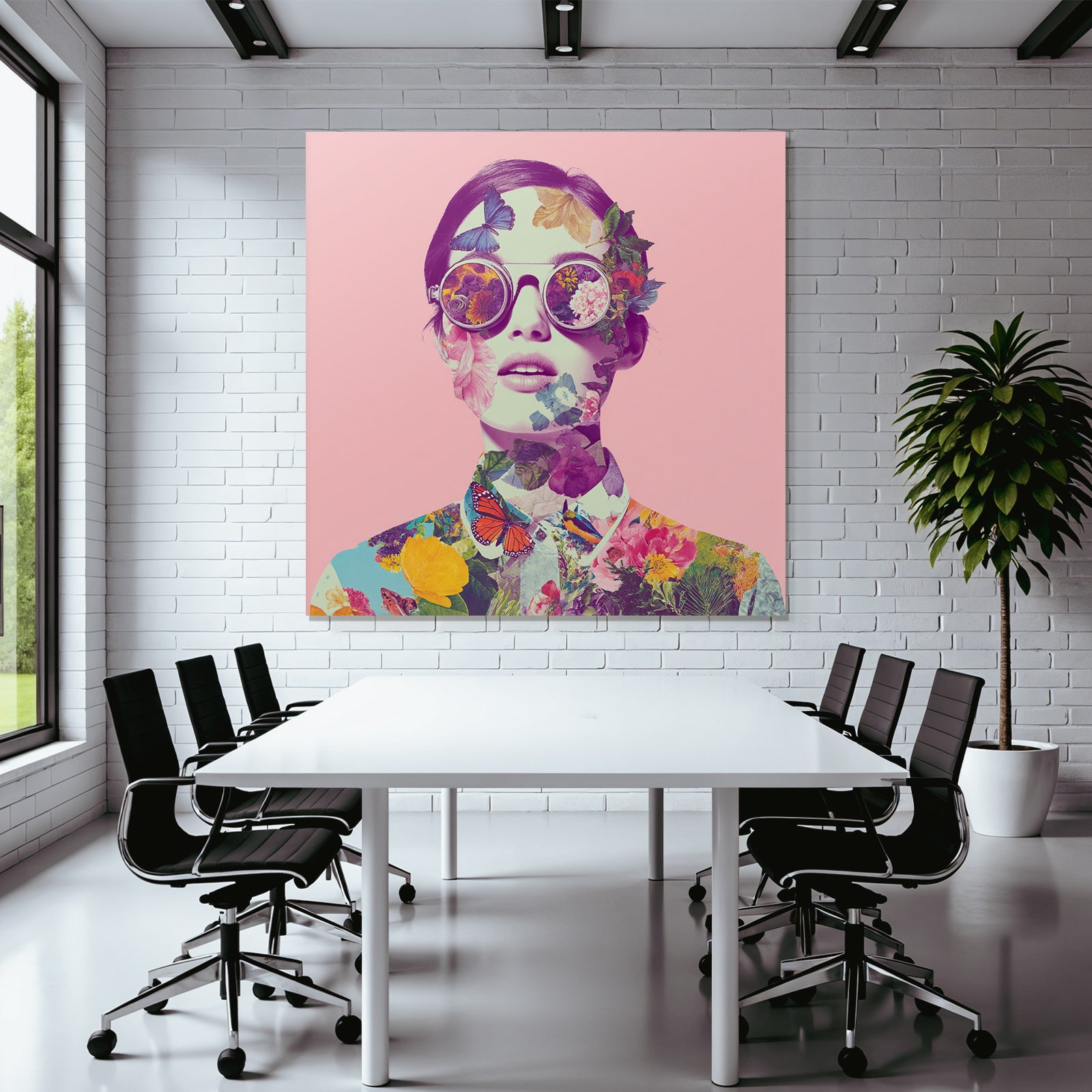 Stylisierte Portrait Mit Blumen Und Schmetterlingen Rosa Hintergrund