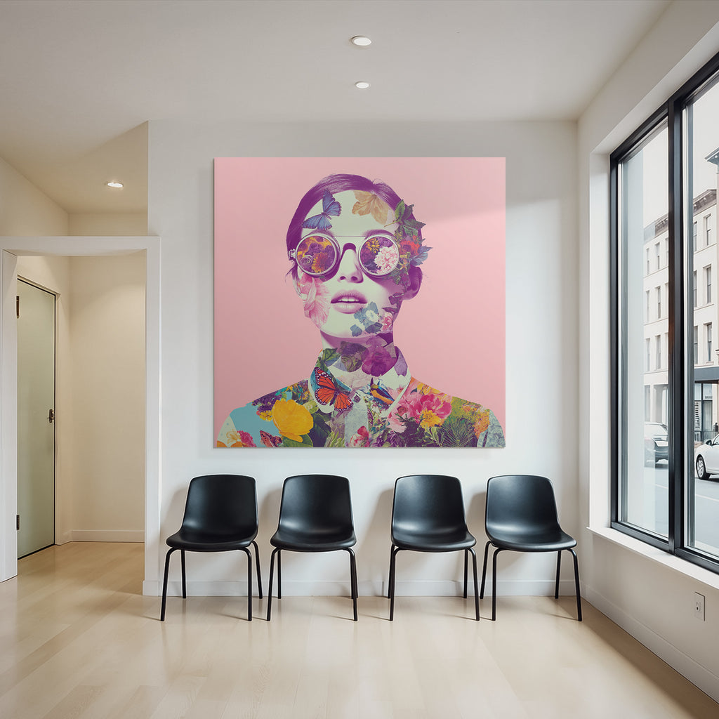 Stylisierte Portrait Mit Blumen Und Schmetterlingen Rosa Hintergrund