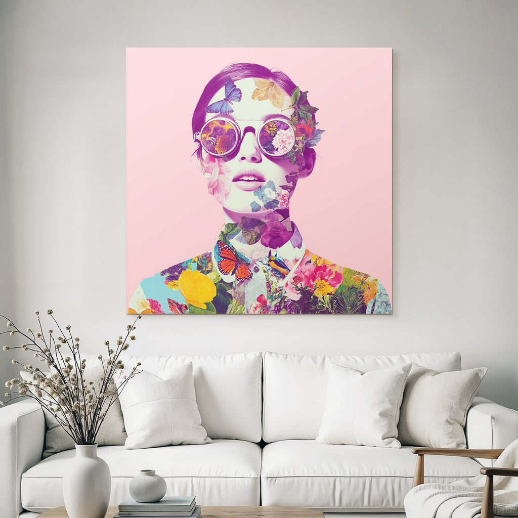 Stylisierte Portrait Mit Blumen Und Schmetterlingen Rosa Hintergrund