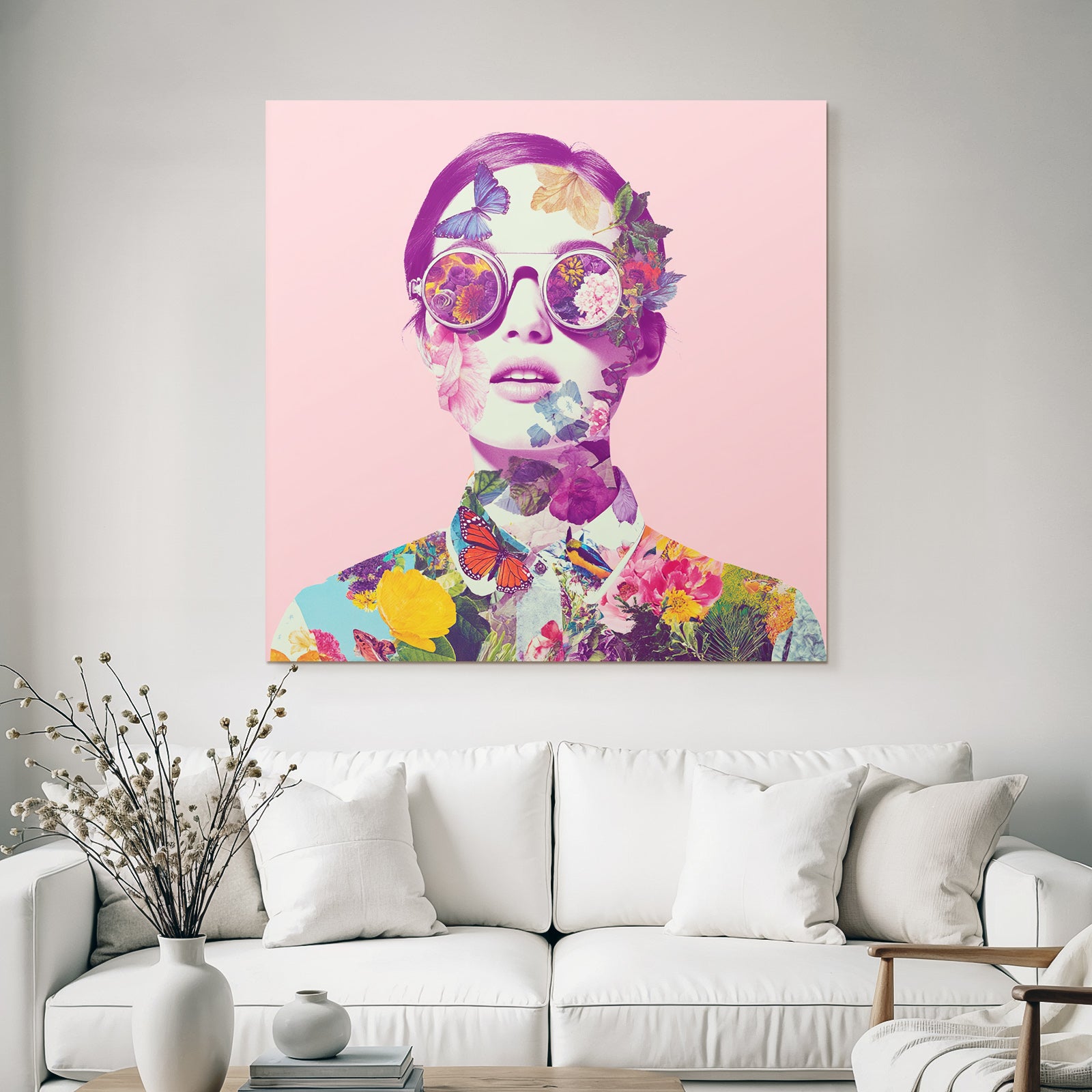 Stylisierte Portrait Mit Blumen Und Schmetterlingen Rosa Hintergrund