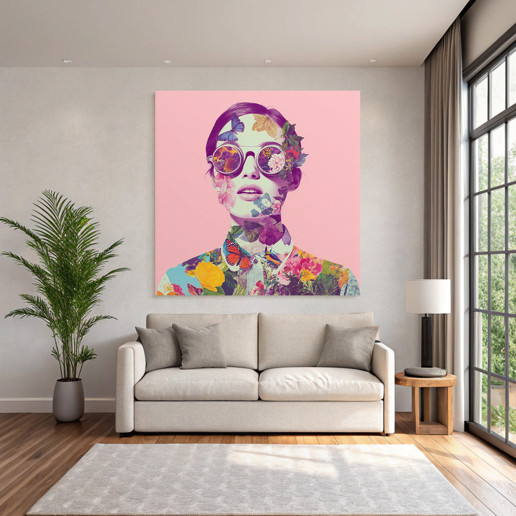 Stylisierte Portrait Mit Blumen Und Schmetterlingen Rosa Hintergrund