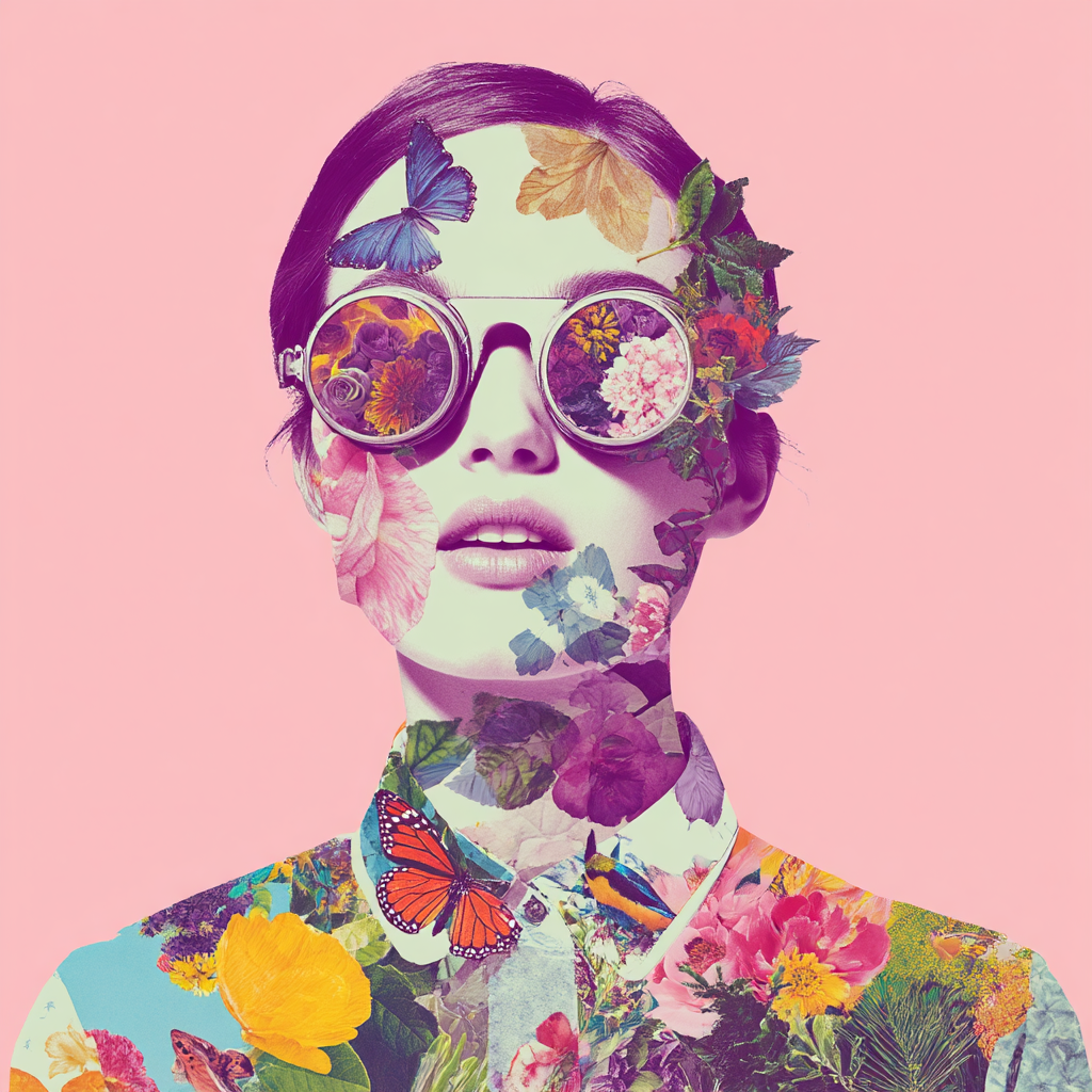 Stylisierte Portrait Mit Blumen Und Schmetterlingen Rosa Hintergrund | Digital Art | Kunstgattungen