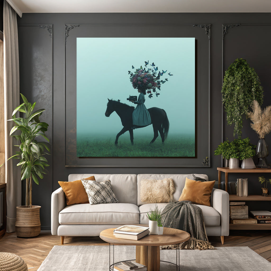 Supralevant rider with flower crown and camera in soapy fog