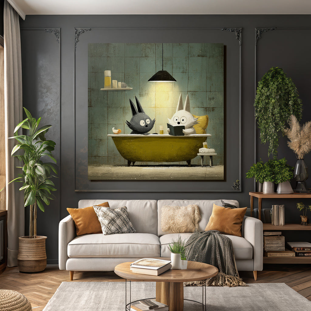 Whimsische Animierte Tiercharaktere In Einer Badewanne Mit Vintage Aesthetik