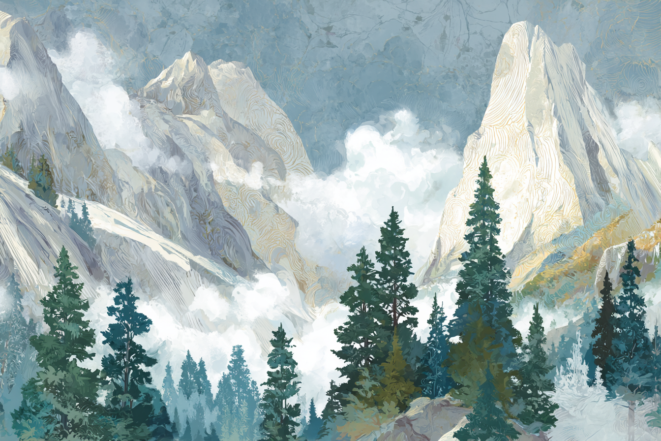 Berglandschaft Mit Baeumen Und Wolken | Digital Art | Kunstgattungen