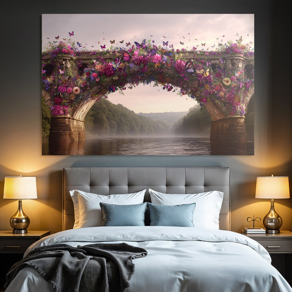 Blumenuberdeckte Bruecke Am Fluss Mit Butterflys Und Gruener Landschaft