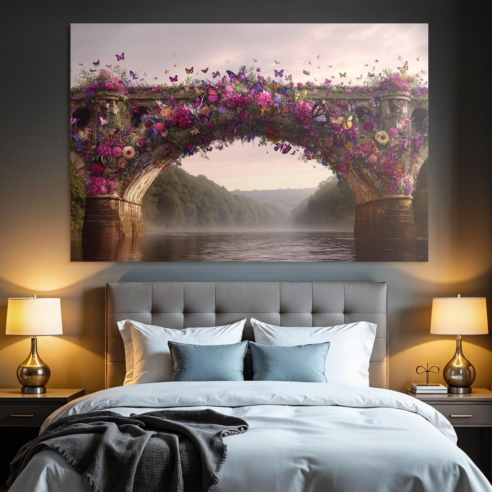 Blumenuberdeckte Bruecke Am Fluss Mit Butterflys Und Gruener Landschaft