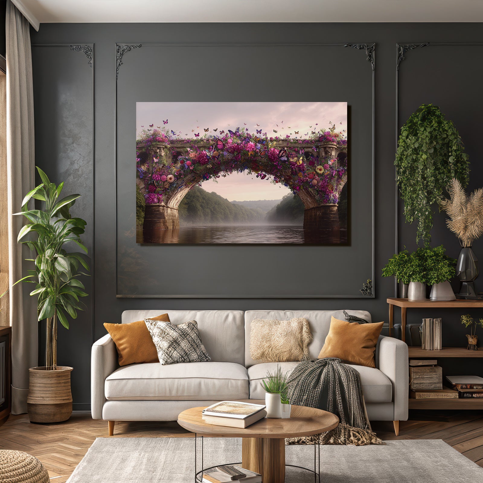 Blumenuberdeckte Bruecke Am Fluss Mit Butterflys Und Gruener Landschaft