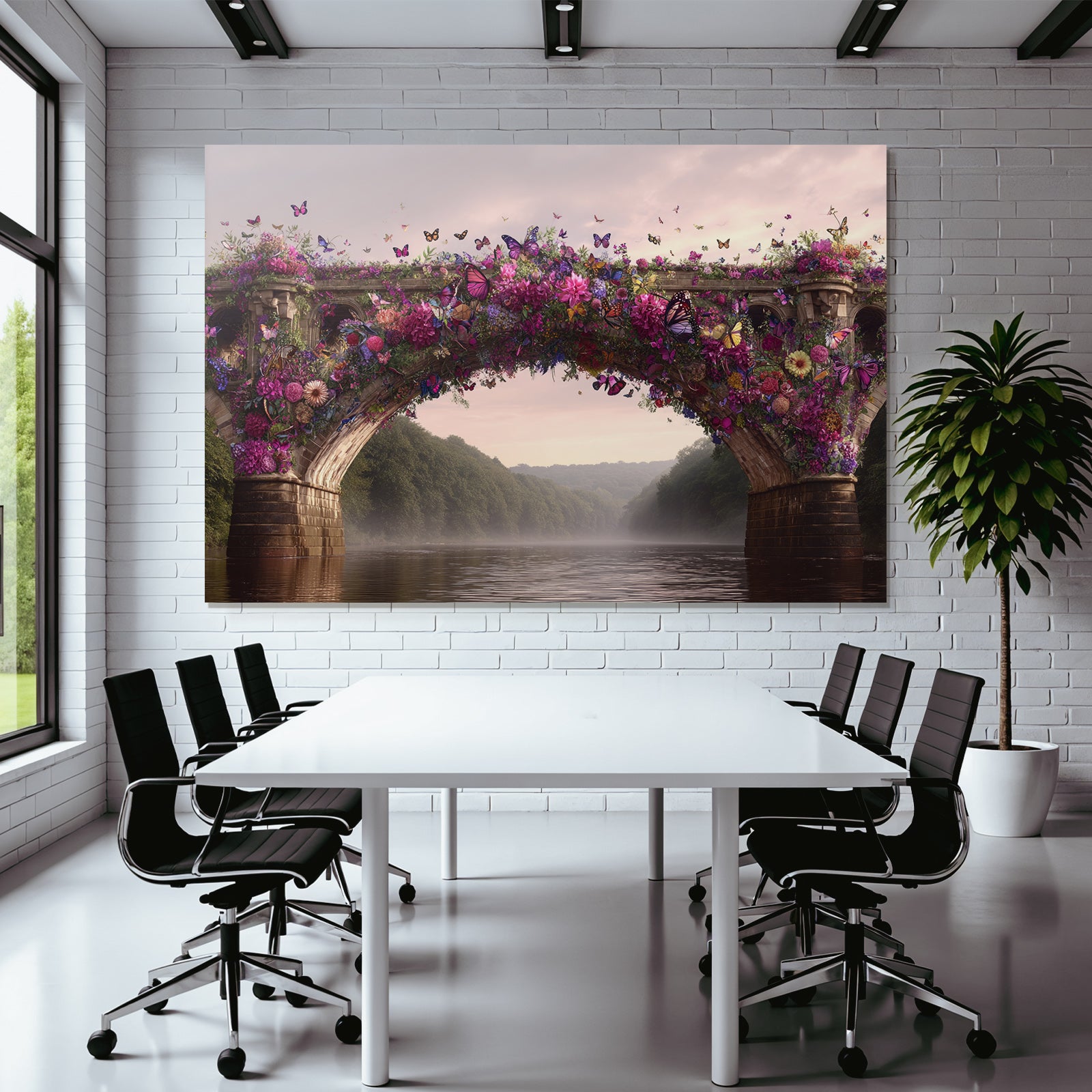 Blumenuberdeckte Bruecke Am Fluss Mit Butterflys Und Gruener Landschaft