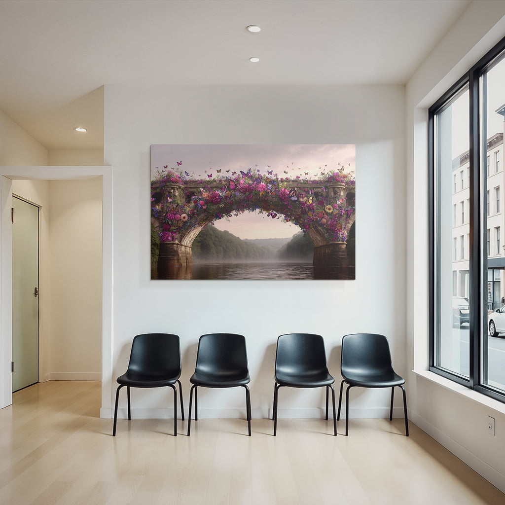 Blumenuberdeckte Bruecke Am Fluss Mit Butterflys Und Gruener Landschaft