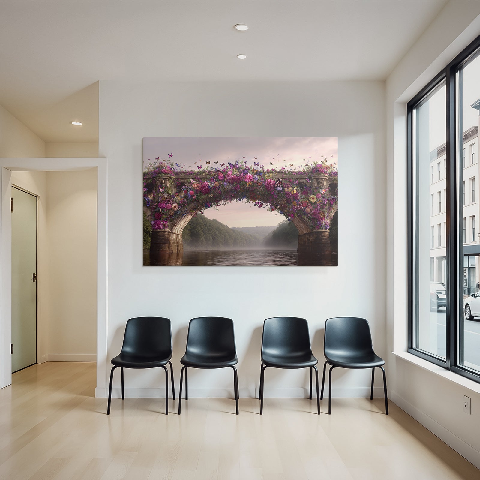 Blumenuberdeckte Bruecke Am Fluss Mit Butterflys Und Gruener Landschaft