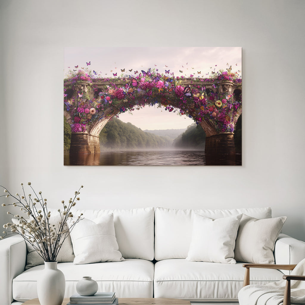 Blumenuberdeckte Bruecke Am Fluss Mit Butterflys Und Gruener Landschaft