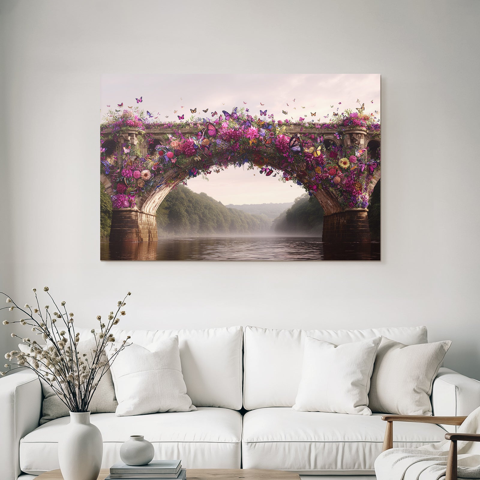 Blumenuberdeckte Bruecke Am Fluss Mit Butterflys Und Gruener Landschaft