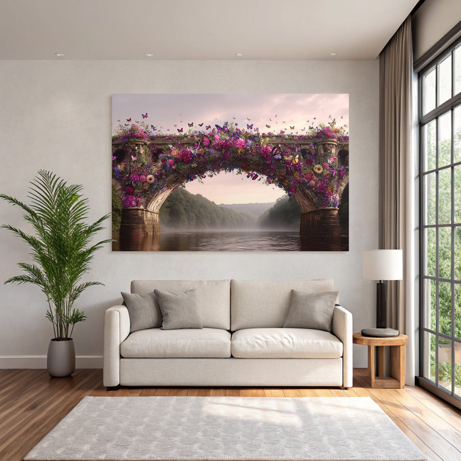 Blumenuberdeckte Bruecke Am Fluss Mit Butterflys Und Gruener Landschaft
