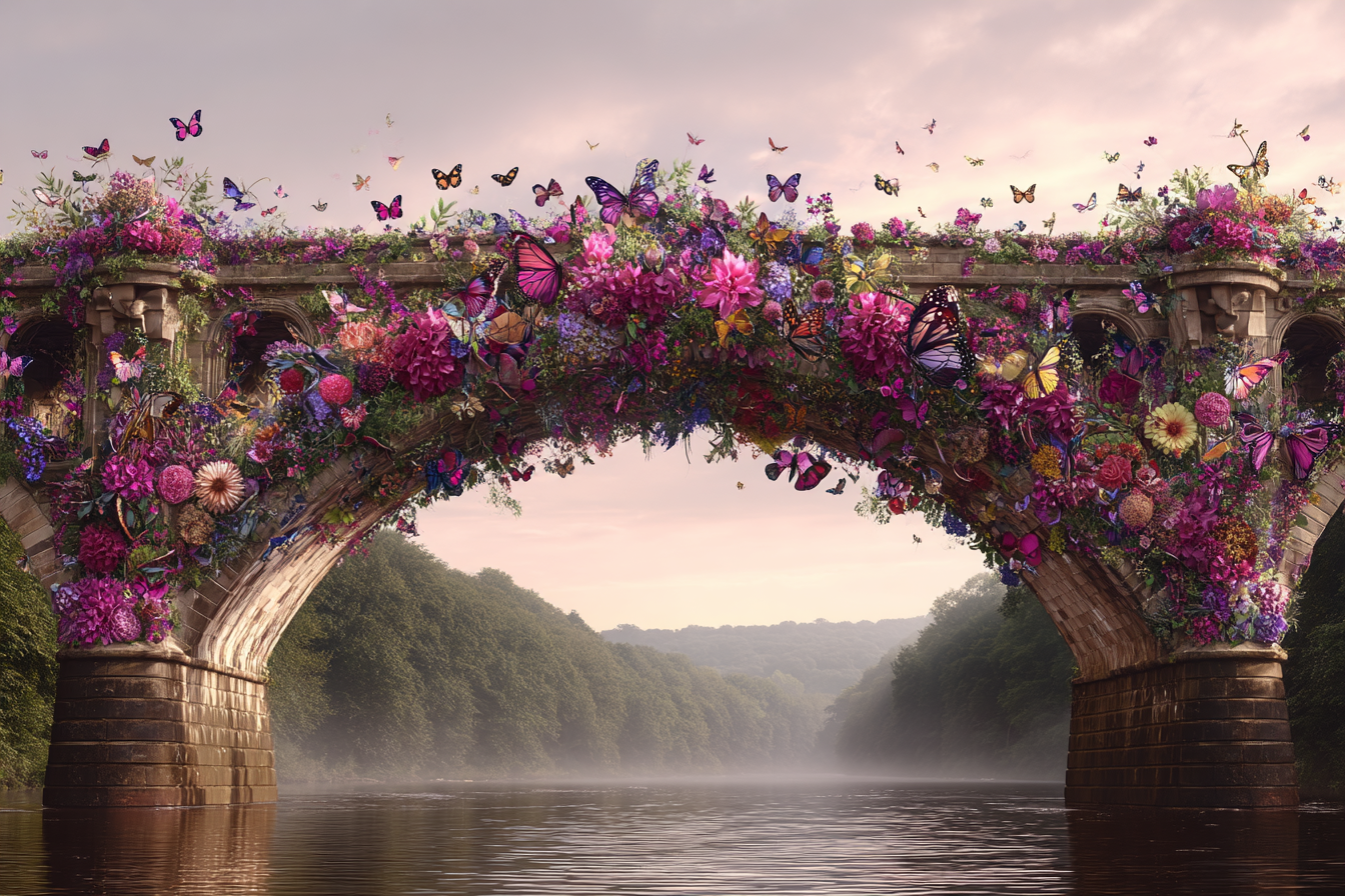 Blumenuberdeckte Bruecke Am Fluss Mit Butterflys Und Gruener Landschaft | Digital Art | Kunstgattungen