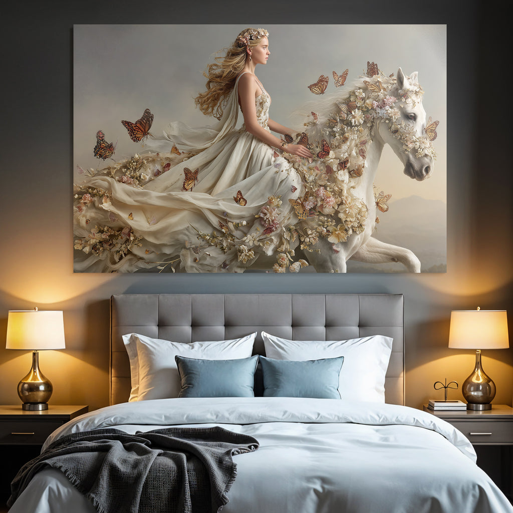 Fantastische Szene Junge Frau Im Blumenkleid Auf Weiss Pferd Mit Flora Und Insekten