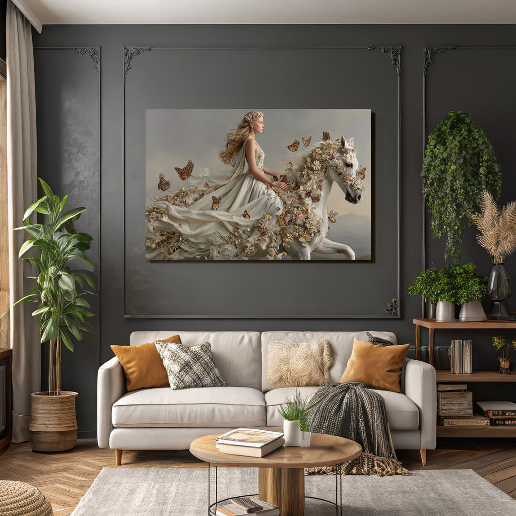 Fantastische Szene Junge Frau Im Blumenkleid Auf Weiss Pferd Mit Flora Und Insekten