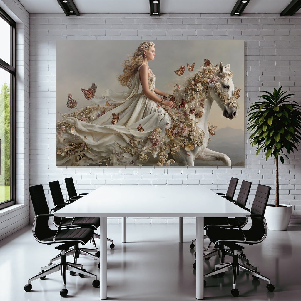 Fantastische Szene Junge Frau Im Blumenkleid Auf Weiss Pferd Mit Flora Und Insekten