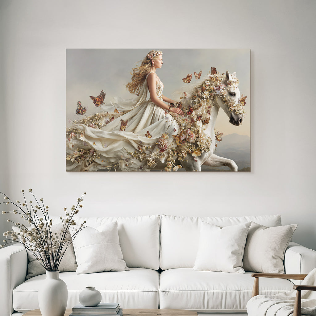 Fantastische Szene Junge Frau Im Blumenkleid Auf Weiss Pferd Mit Flora Und Insekten