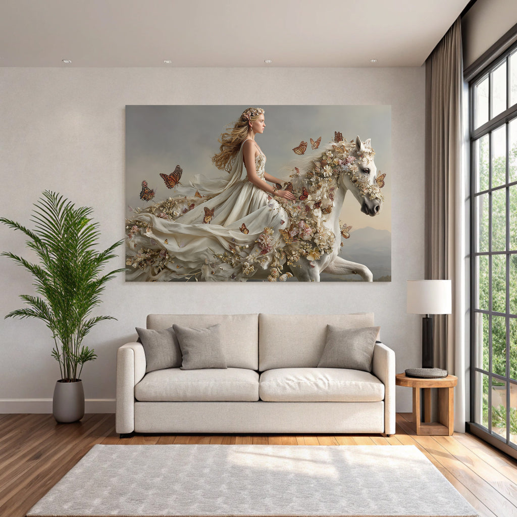 Fantastische Szene Junge Frau Im Blumenkleid Auf Weiss Pferd Mit Flora Und Insekten