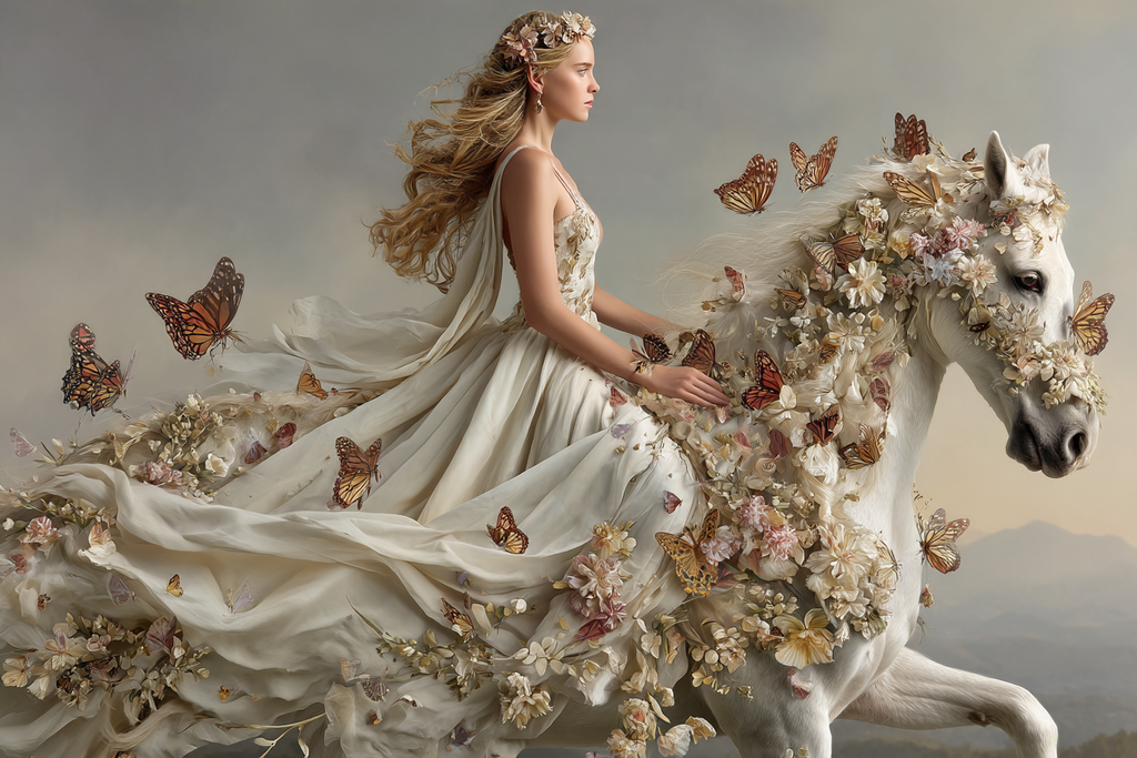 Fantastische Szene Junge Frau Im Blumenkleid Auf Weiss Pferd Mit Flora Und Insekten | Digital Art | Kunstgattungen