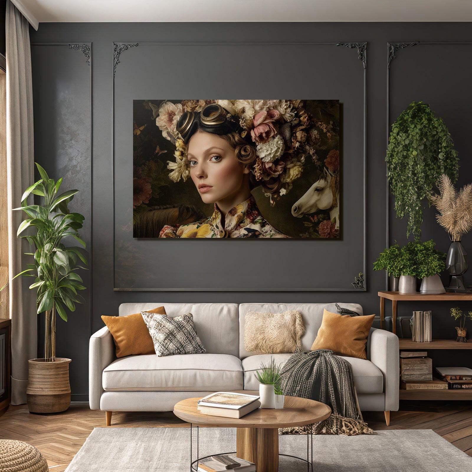 Femme Mit Blumenkranz Und Vintage Braillen In Einem Wunderschoenen Hintergrund