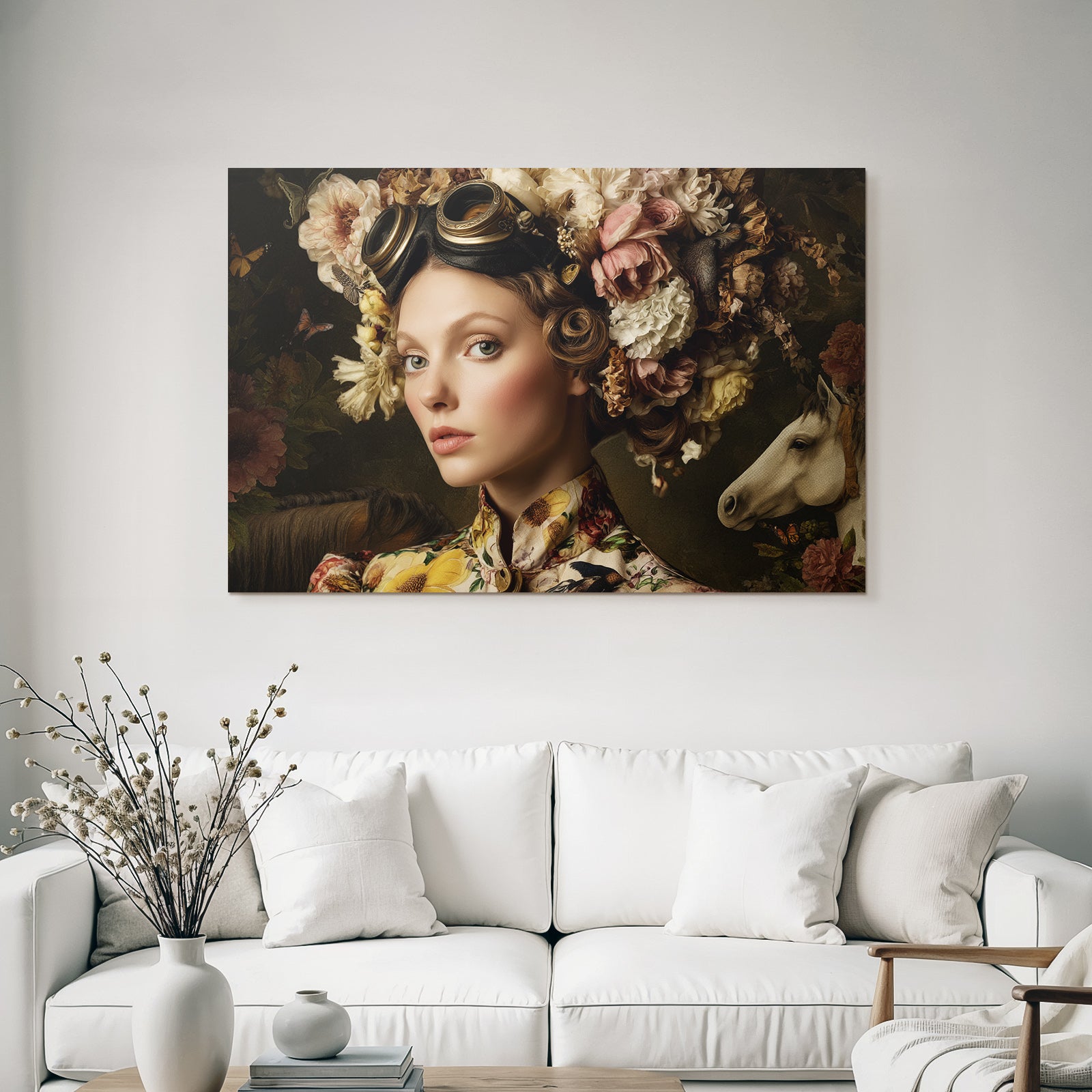 Femme Mit Blumenkranz Und Vintage Braillen In Einem Wunderschoenen Hintergrund