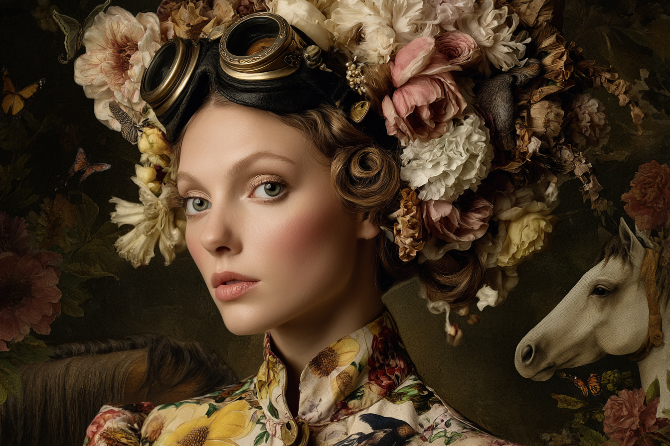 Femme Mit Blumenkranz Und Vintage Braillen In Einem Wunderschoenen Hintergrund | Digital Art | Kunstgattungen