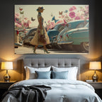 Frau Im Vintage Blumen Kleid Und Klassische Autos Mit Butterflies