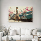 Frau Im Vintage Blumen Kleid Und Klassische Autos Mit Butterflies