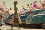 Frau Im Vintage Blumen Kleid Und Klassische Autos Mit Butterflies | Digital Art | Kunstgattungen