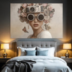 Frau Mit Blumen Und Schmetterlingen Vintage Kamera Haarschnitt